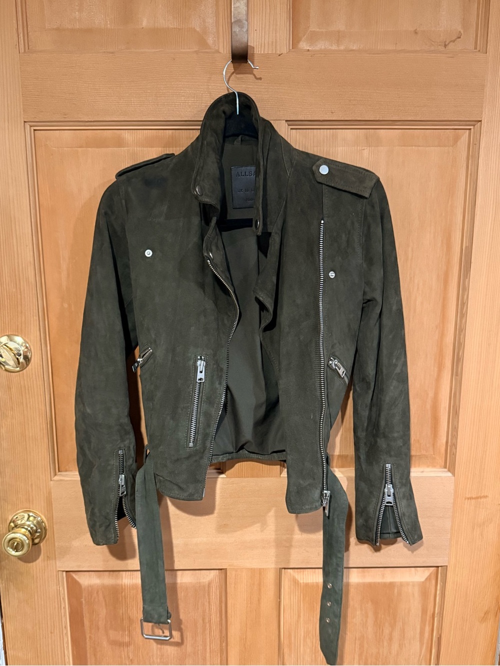 All Saints Olive Suede Biker Jacket, size 6